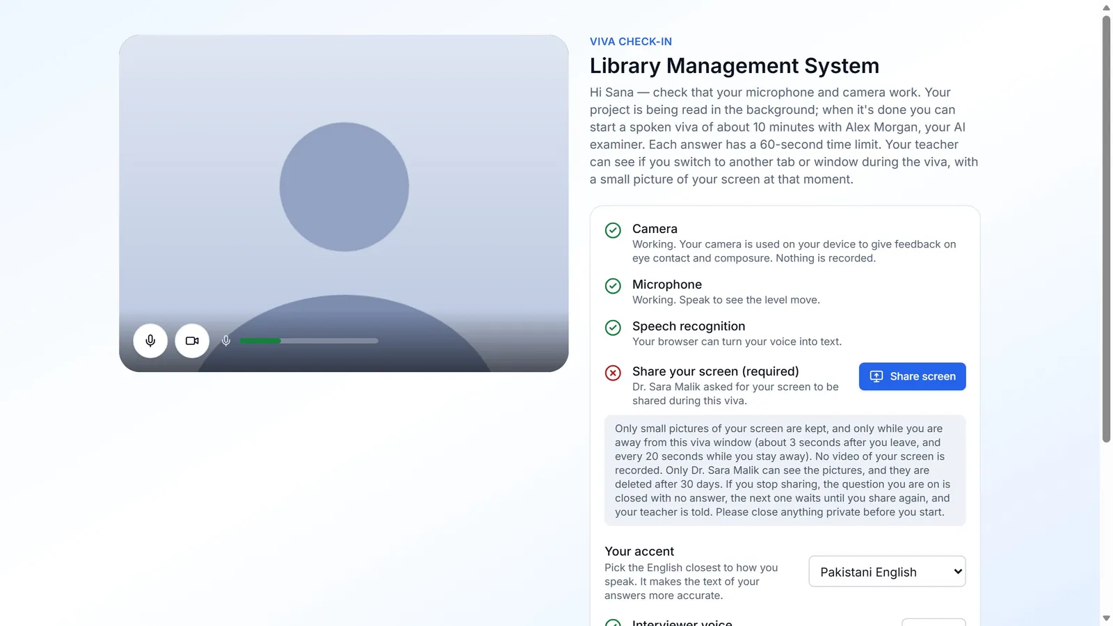 Screenshot of the app: Check in before the viva