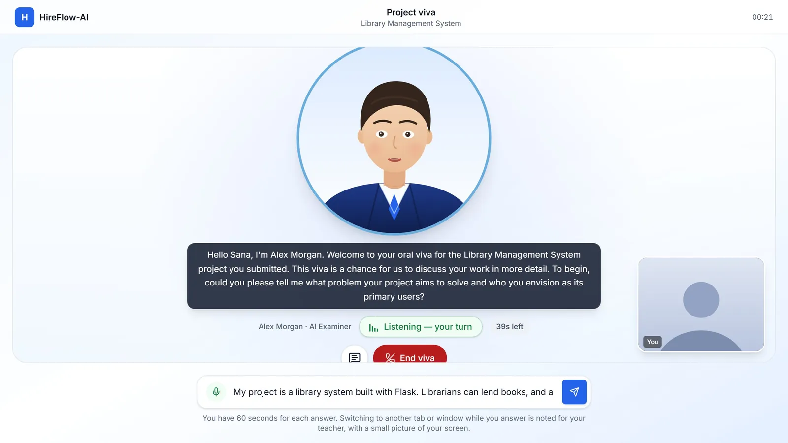 Screenshot of the app: Talk to the AI examiner